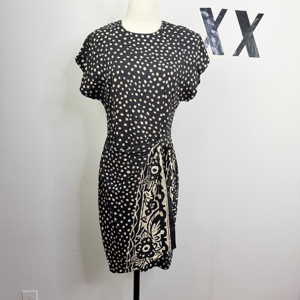 Vintage 80s Dawn Joy Black Cream Polka Dot Mixed Print Draped Sheath Dress 9/10